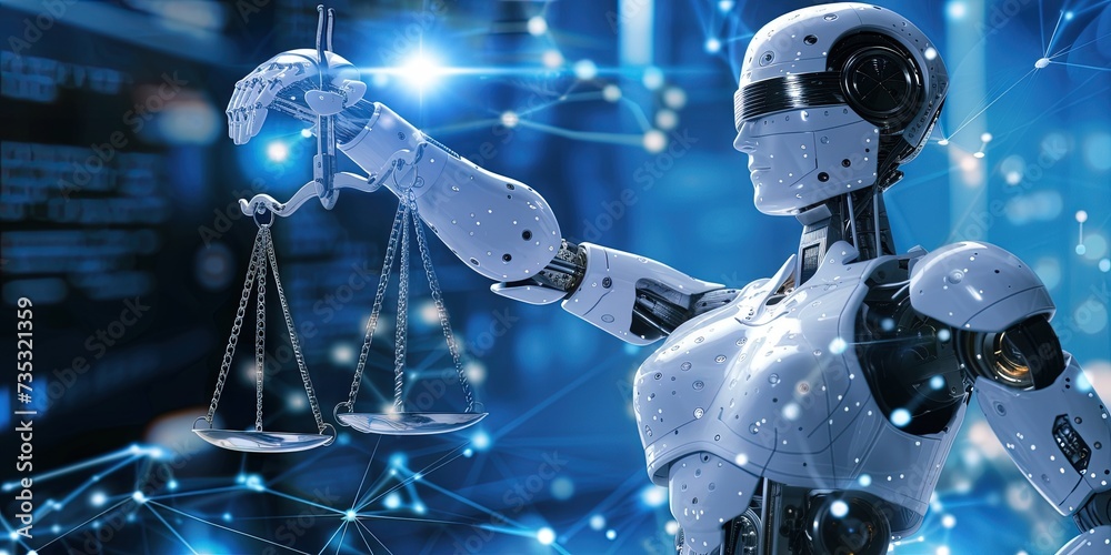 AI robot holding scales of justice for ethical artificial intelligence and machine learning. AI robot holding scales of justice for ethical artificial intelligence and machine learning.