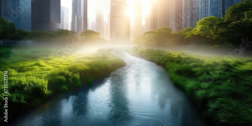 Generative AI  Green park near high-rise buildings  Urban Landscape  Green Spaces  Sustainable Living  Eco-Friendly  Skyline  