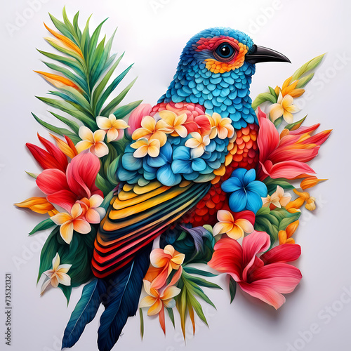 Beautiful bright bird and bright tropical flowers and leaves on a white background, folk-art style. Illustration ideal for design of posters, cards, covers, prints on mugs, t-shirts, pillows
