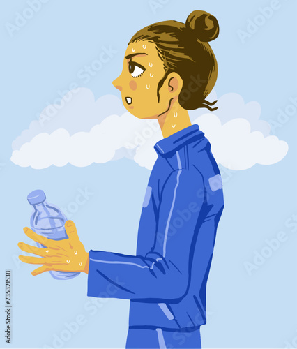 Man exercising outdoors holding a drink of water in his hand