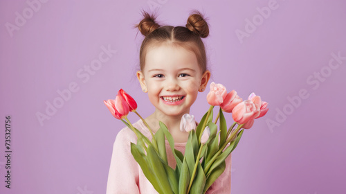 Menina com um buquê de tulipas em um fundo roxo.