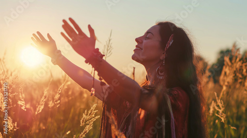 Retrato de uma bela jovem hippie no campo ao pôr do sol photo