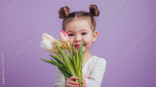 Menina com um buquê de tulipas em um fundo roxo.