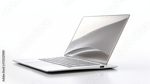 A modern silver open laptop on a white background