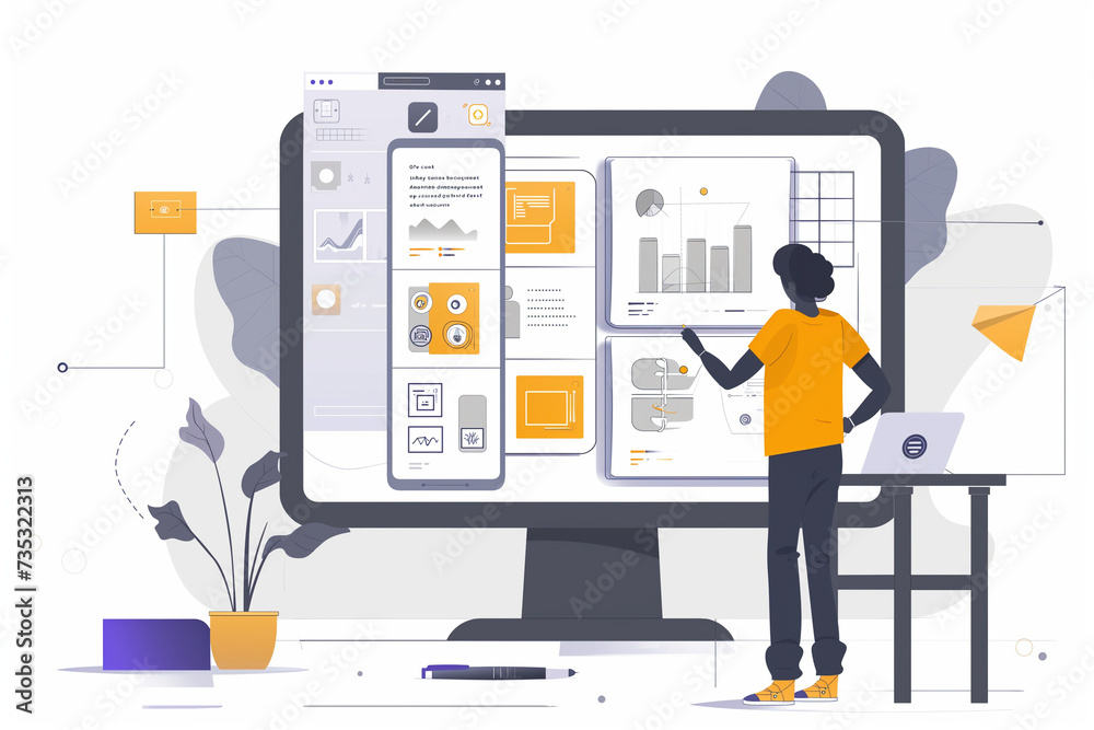 person standing and pointing hand towards the computer device isolated in white background, business infographic elements, man works with bars charts and graphs, data analyze concept, data statistics person standing and pointing hand towards the computer device isolated in white background, business infographic elements, man works with bars charts and graphs, data analyze concept, data statistics