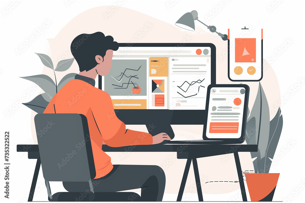 Tech-savvy person seated in a chair and working on computer device isolated in white background, business infographic elements, man works with charts and graphs, data analyze concept, data statistics Tech-savvy person seated in a chair and working on computer device isolated in white background, business infographic elements, man works with charts and graphs, data analyze concept, data statistics