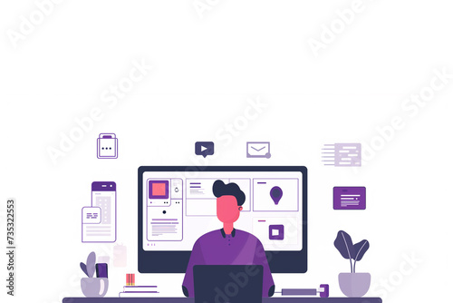 Tech-savvy person seated in a chair and working on computer device isolated in white background, business infographic elements, man works with charts and graphs, data analyze concept, data statistics
