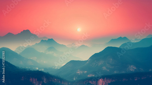 Nature wallpaper with silhouettes of the misty blue mountains in gradient blue colour, and orange sky with setting sun. photo