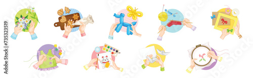 Hands Creating Craft in Workshop Top View Vector Set