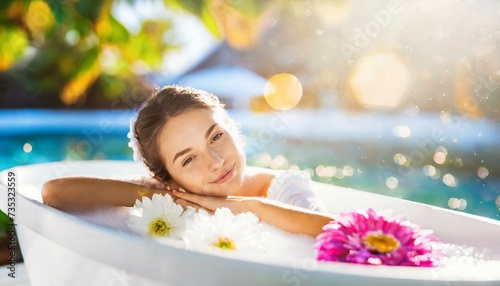 Calm female model enjoy in outdoor bath with flowers