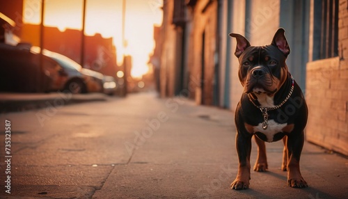 american bully dog, dog at dawn, purebred dog in nature, happy dog, beautiful dog photo