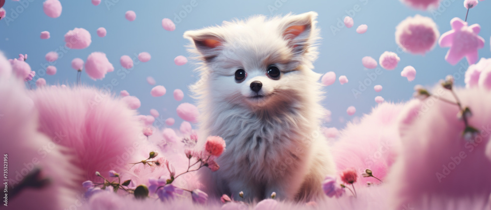 Obraz premium Puppy Amidst Pink Cherry Blossoms and Floating Petals