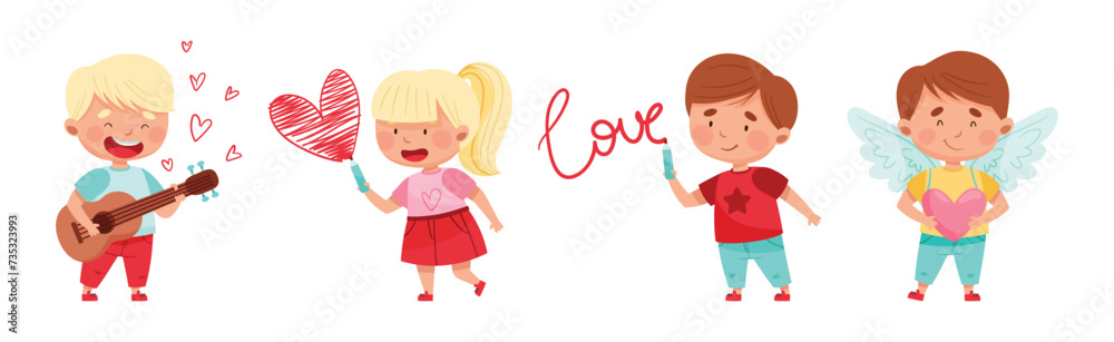 Cute Boy and Girl Feel Love at Valentine Day Vector Set Cute Boy and Girl Feel Love at Valentine Day Vector Set