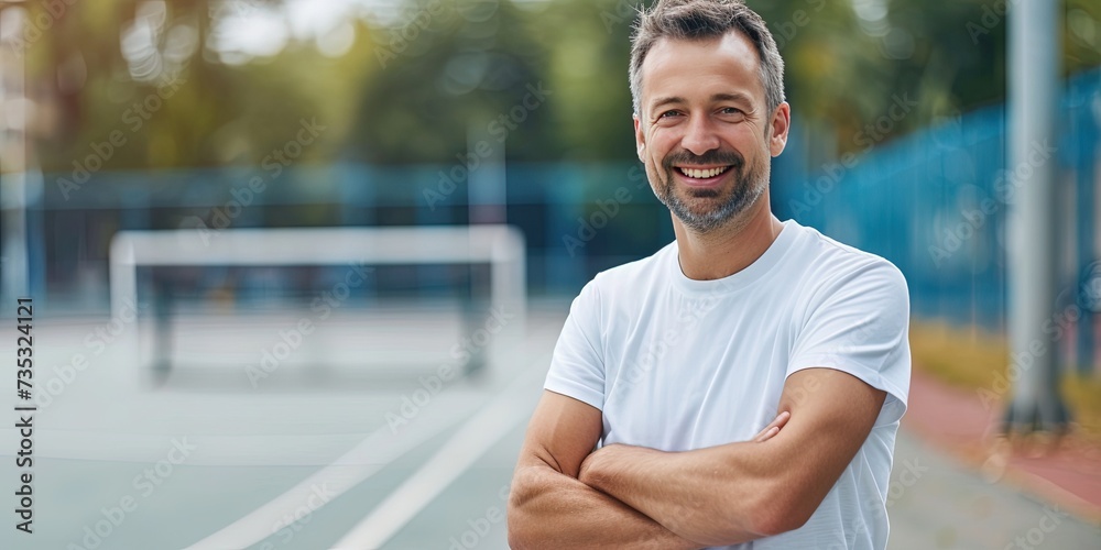Friendly sports coach standing confidently on hockey court and smiling