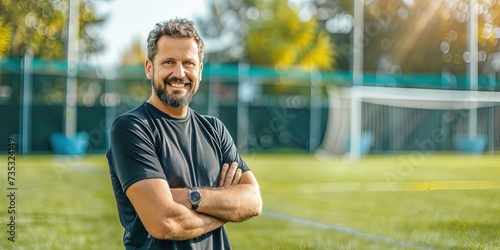 Friendly sports coach standing confidently on soccer field and smiling