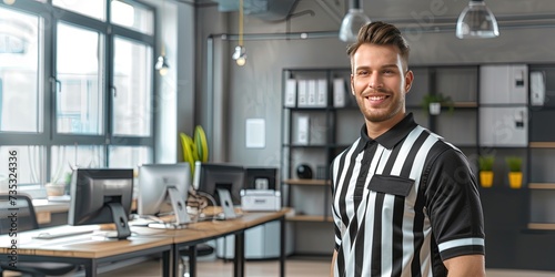 Referee wearing black and white stripes in the office