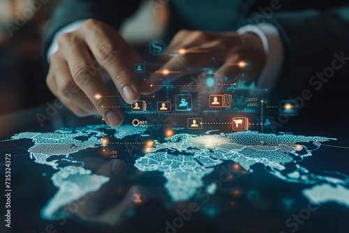 Engage with an image depicting the world of global currency exchange and money transfer, featuring a businessman interacting with a virtual world map showing currency signs such as dollar photo