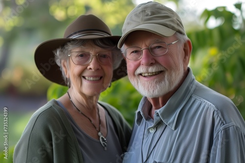 Elderly Couple with Warm Smiles in Garden Setting