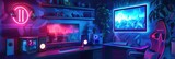 Video game room interior for gaming and esports with computer, speakers, monitor, and console