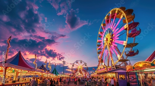 A lively carnival at dusk, Ferris wheel lights against the twilight sky, happy faces of families enjoying rides and games. Resplendent.