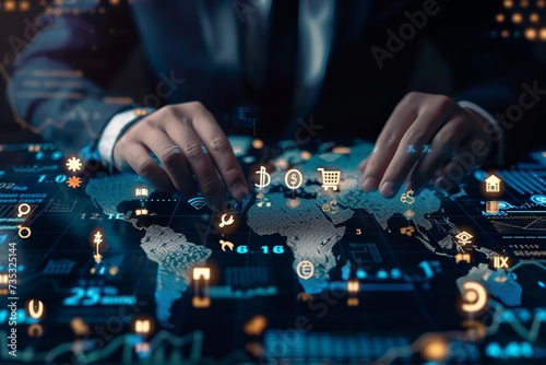 Engage with an image depicting the world of global currency exchange and money transfer, featuring a businessman interacting with a virtual world map showing currency signs such as dollar