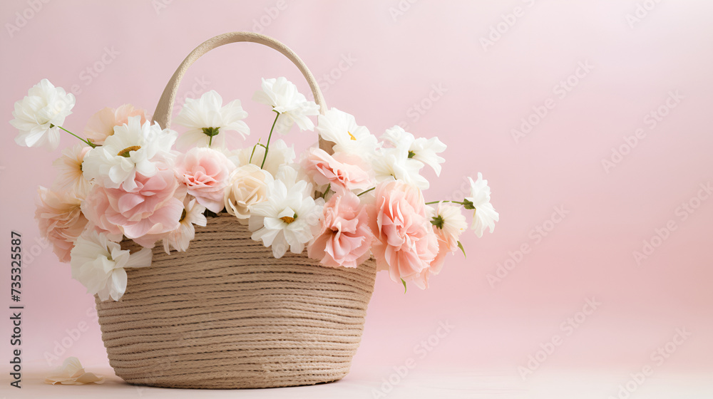 Straw basket bag with a bouquet light pink flowers on a light background