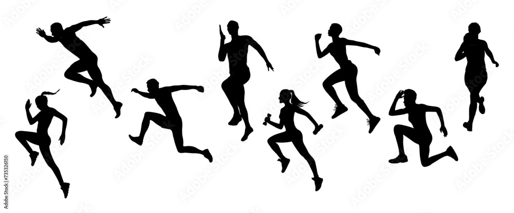 Runners silhouettes set. Male, female athletes running. Healthy active lifestyle. Maraphon, Sprint, jogging. Sport, fitness design, black monochrome vector illustrations on transparent background.