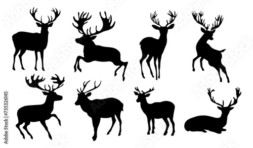 Reindeer silhouettes set. Collection of black deer icons, Logo, symbols. Winter elements for decor and holiday postcards. Monochrome black illustrations isolated on transparent background.