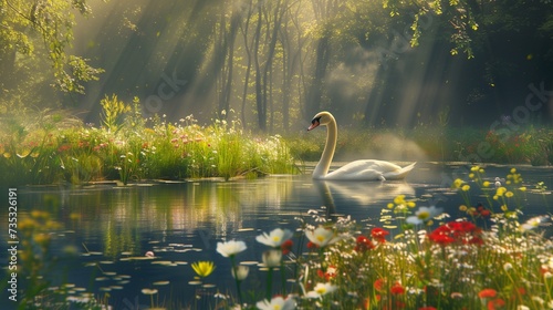 At the heart of a lush, verdant meadow lies a tranquil pond, its surface reflecting the vibrant hues of surrounding wildflowers. A graceful swan glides across the water