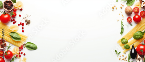 Food background Italian Cuisine Ingredients and Pasta Varieties Spread on White Background