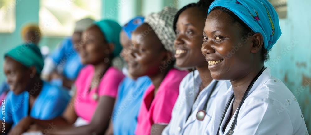 Diverse Group of Female Medical Professionals in Scrubs Sitting in a Row Together for Team Meeting or Briefing Diverse Group of Female Medical Professionals in Scrubs Sitting in a Row Together for Team Meeting or Briefing
