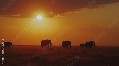 Telephoto Lens Captures Elephants Against Fiery Sunset AI Generated.