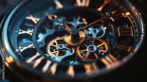 Macro shot of detailed watch mechanism, showing intricate gears and components up close.