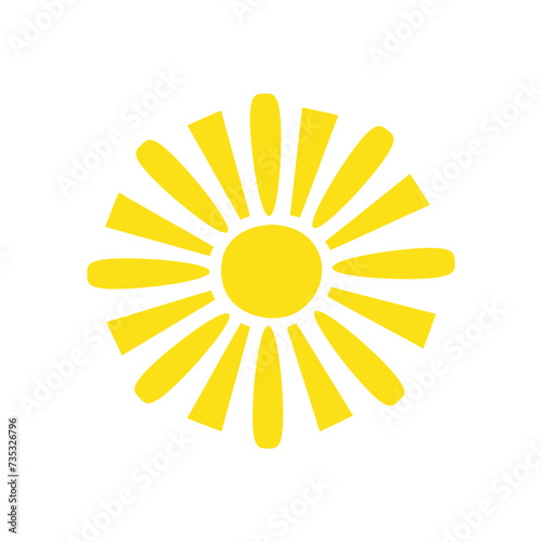 Simple yellow sun vector flat illustration with round shape middle and beams, cute summer image for making cards, decor, vacation concept, holiday and summertime design for children
