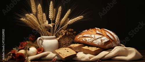 Breads and Buns with Wheat Ears on Wooden Surface