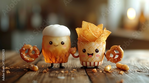 Cute, funny happy glass of beer, pretzel and nachos. Created with Generative AI photo