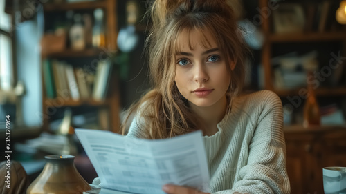 Young female student works with financial papers at home, reading some papers, doing freelance job, middle shot, soft lighting, beautiful student face