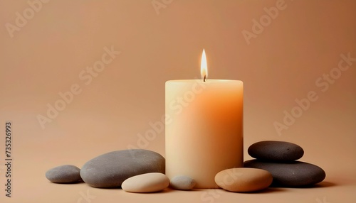 Aroma candle on beige background. Warm aesthetic composition with stones. Cozy home comfort, relaxation and wellness concept. Interior decoration mockup created with generative ai