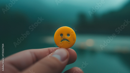 Hand holding a plastic token with a sad smiley on it