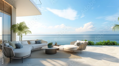 Modern Sunny Terrace Overlooking a Calm Blue Sea with Elegant Outdoor Furniture © Sergey