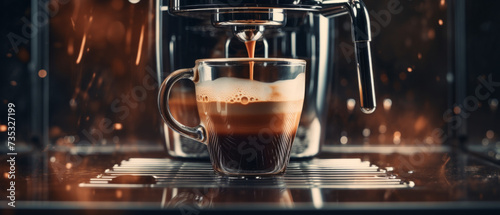 Espresso Pouring into a Clear Glass Mug from a Modern Coffee Machine Amidst a Warmly Lit Ambiance