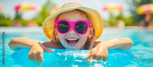 Cheerful Girl Enjoying Summer Fun in Vibrant Pool: A Joyful Splash of Happiness and Leisure. © Dougie C