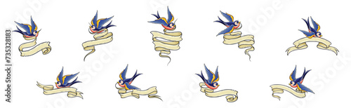 Blue Swallow Flying with Blank Ribbon Vector Set