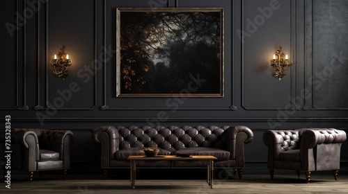 Dark Luxurious interior with elegant sofa and painting. Wall mockup © toomi123