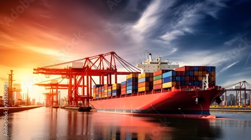 Container Cargo freight ship with working crane bridge at sunset for Logistic Import Export background Goods import, export trade, logistics and international transportation by containers, cargo ship