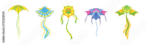 Colorful Flying Kite Toy with Tail Vector Set