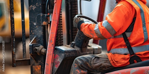 Construction concept with heavy forklift and worker in safety gear