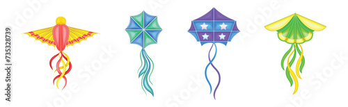 Colorful Flying Kite Toy with Tail Vector Set