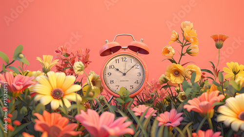 Alarm clock on peach fuzz pantone 2024 backgroung with spring flowers photo