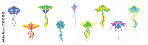 Colorful Flying Kite Toy with Tail Vector Set